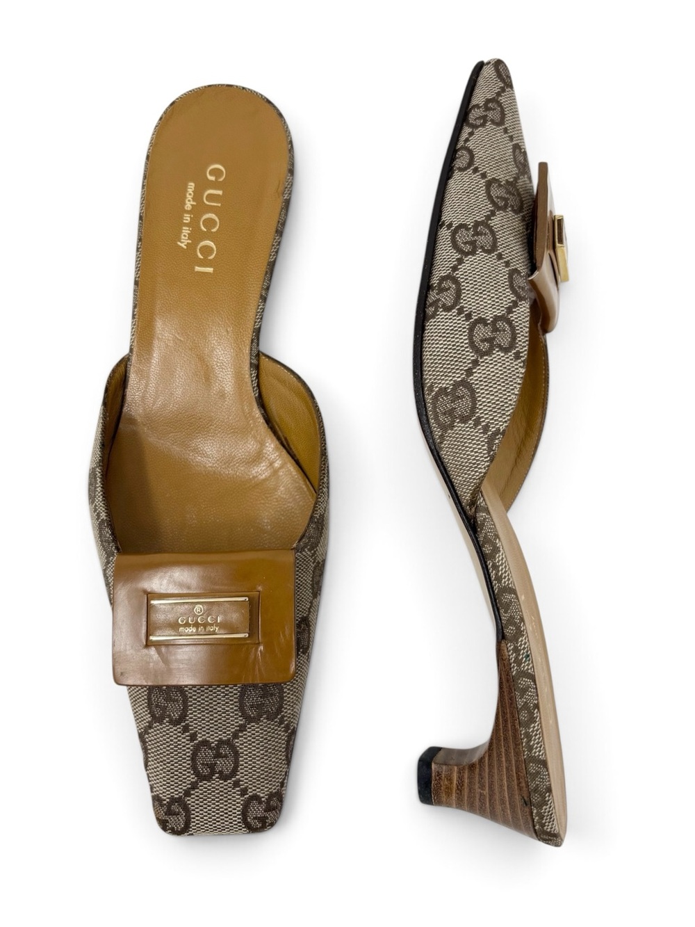 Gucci Vintage Tom Ford Era GG Canvas Logo Plaque Kitten Heel Mules 6.5 Authentic